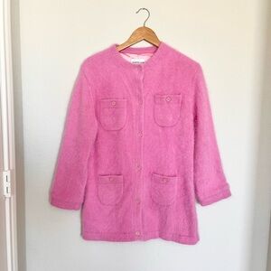 Patty Kim NY Jacket Womens Medium M Pink Angora Gold Button Preppy Cardigan